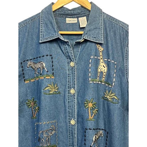 Vintage Cabin Creek Jean Shirt Size 1X Safari Animal Embroidery & Button-Front - Picture 3 of 16